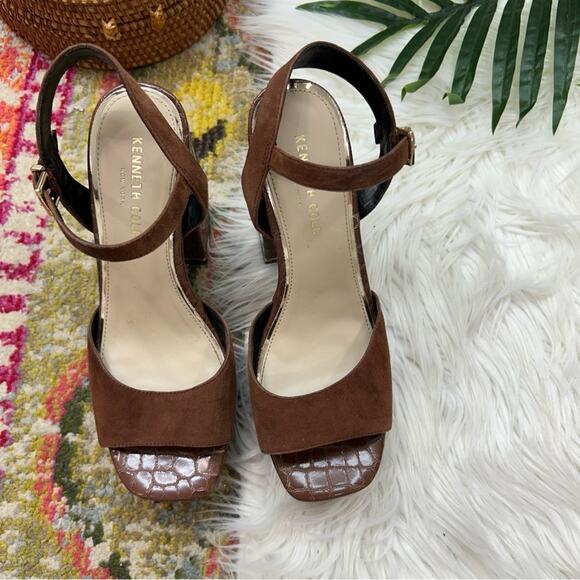 Kenneth Cole Brown Chunky Platform Dolly Suede & Croc Embossed Leather Sandal 8 - Picture 4 of 10